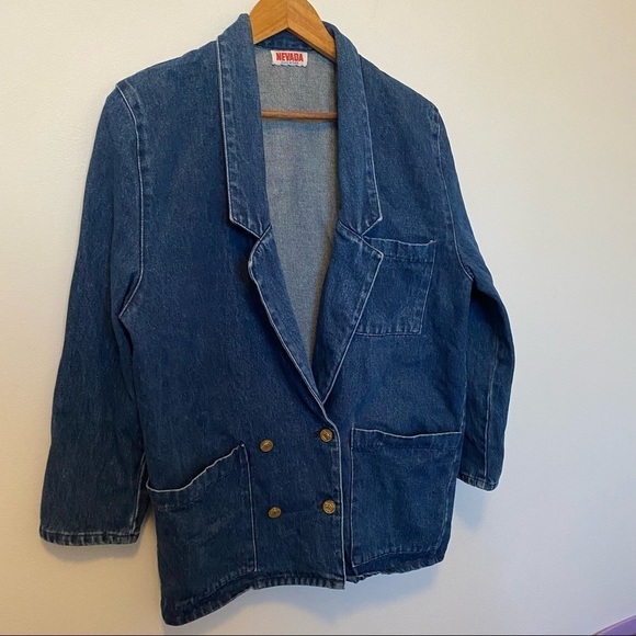 VINTAGE Nevada Denim Jacket Medium Blue Collar Jean Jacket Button Up - Picture 6 of 12